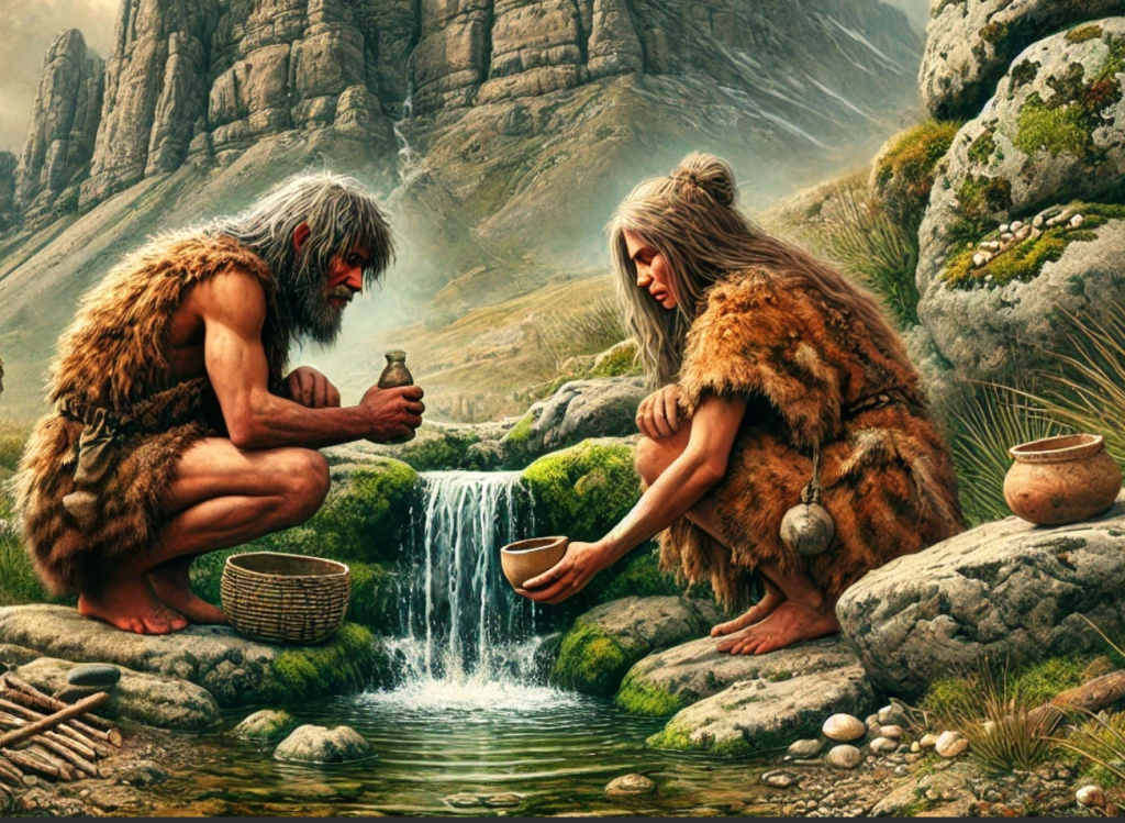 AI illustration of two neolithic people drinking from a stream.