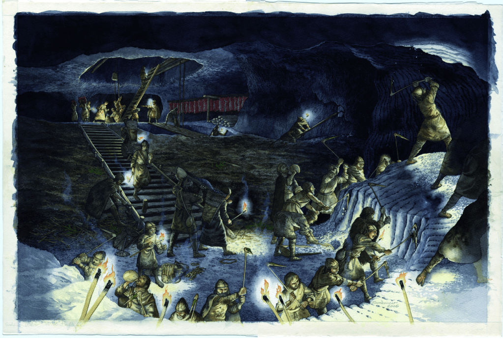 Artist's illustration of Celtic miners in a salt mine