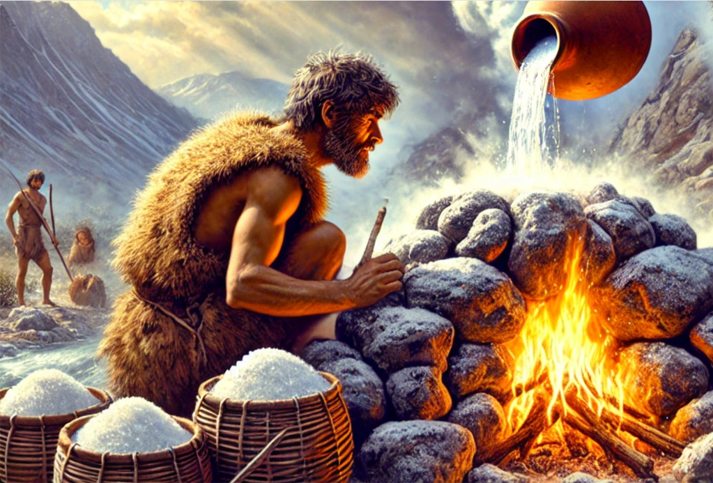 AI illustration of a neolithic man boiling water to get salt